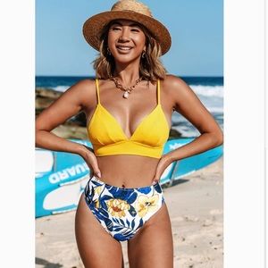 Yellow and Blue Leaves Print Bikini from Cupshe